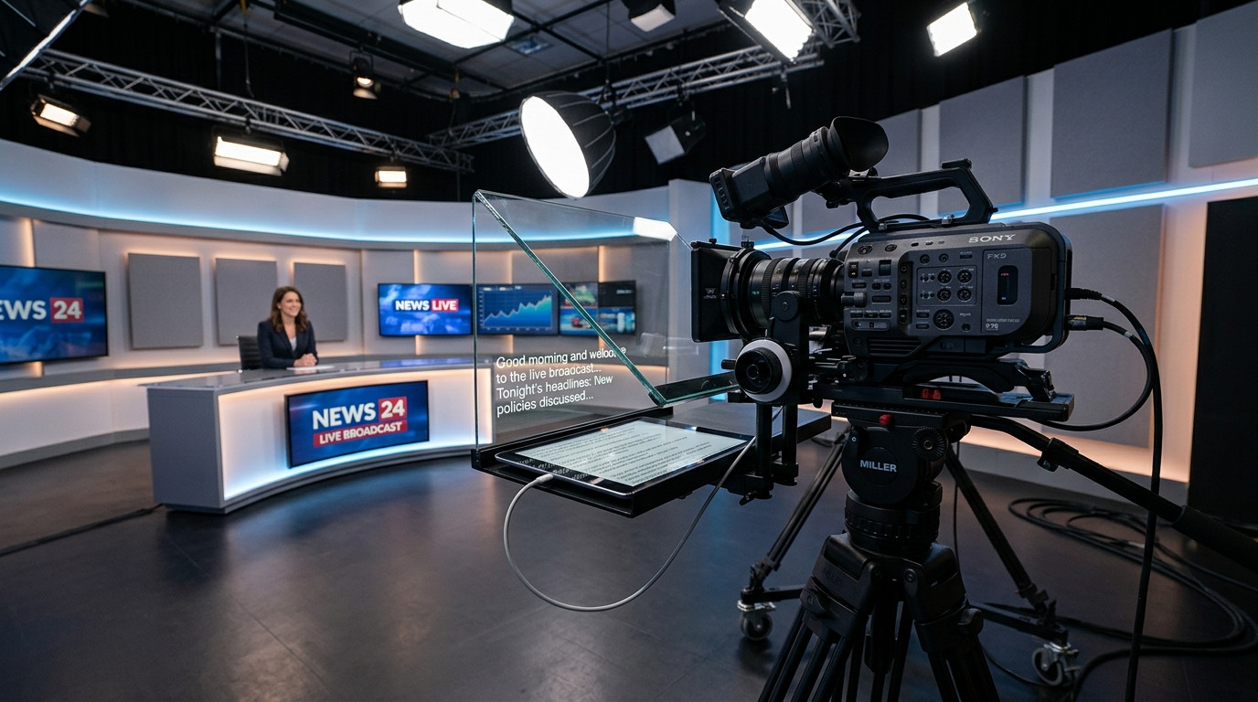 Camera mounted behind a professional 45-degree beam splitter teleprompter glass rig in a modern studio setup with soft lighting
