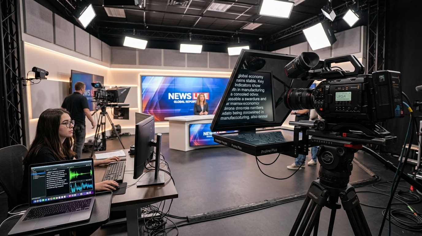 A professional cinema camera mounted behind a 45-degree beam-splitter teleprompter glass rig in a modern studio setup with soft lighting and a laptop operator station nearby
