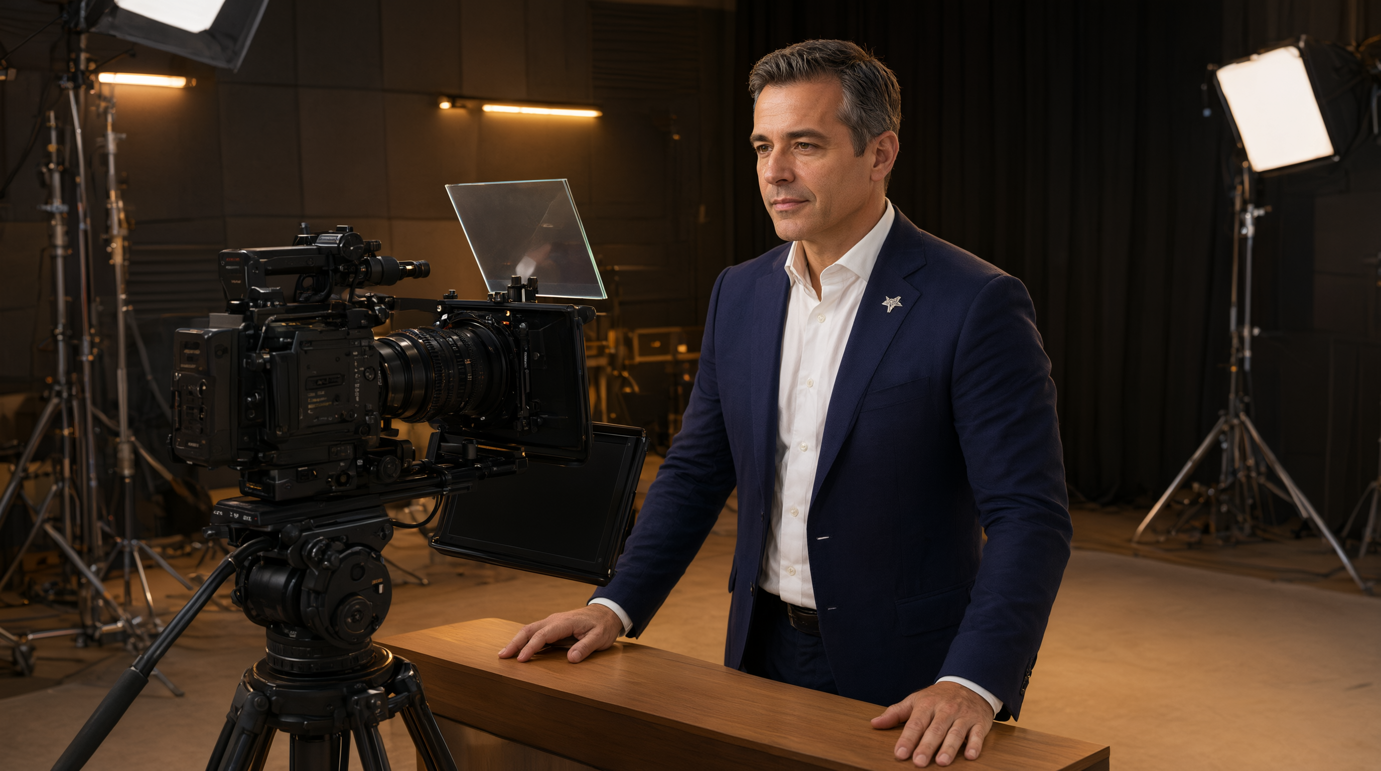 An executive in a studio reading from a beam-splitter teleprompter mounted on a cinema camera.
