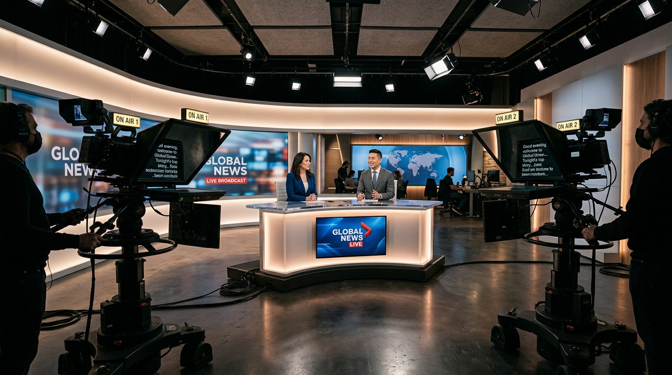 Two studio cameras with beam-splitter teleprompter rigs framing two professional co-hosts in a softly lit broadcast studio