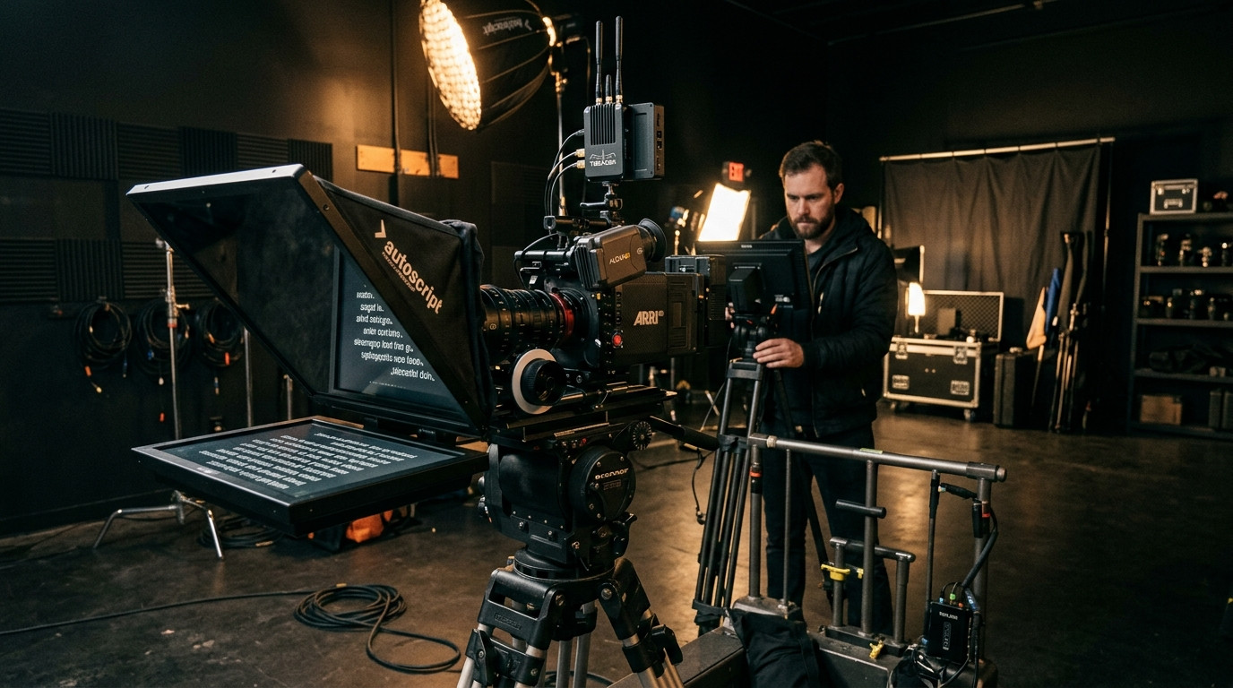 A cinema camera mounted behind a 45-degree beam-splitter teleprompter glass hood in a dark moody studio with warm key lighting