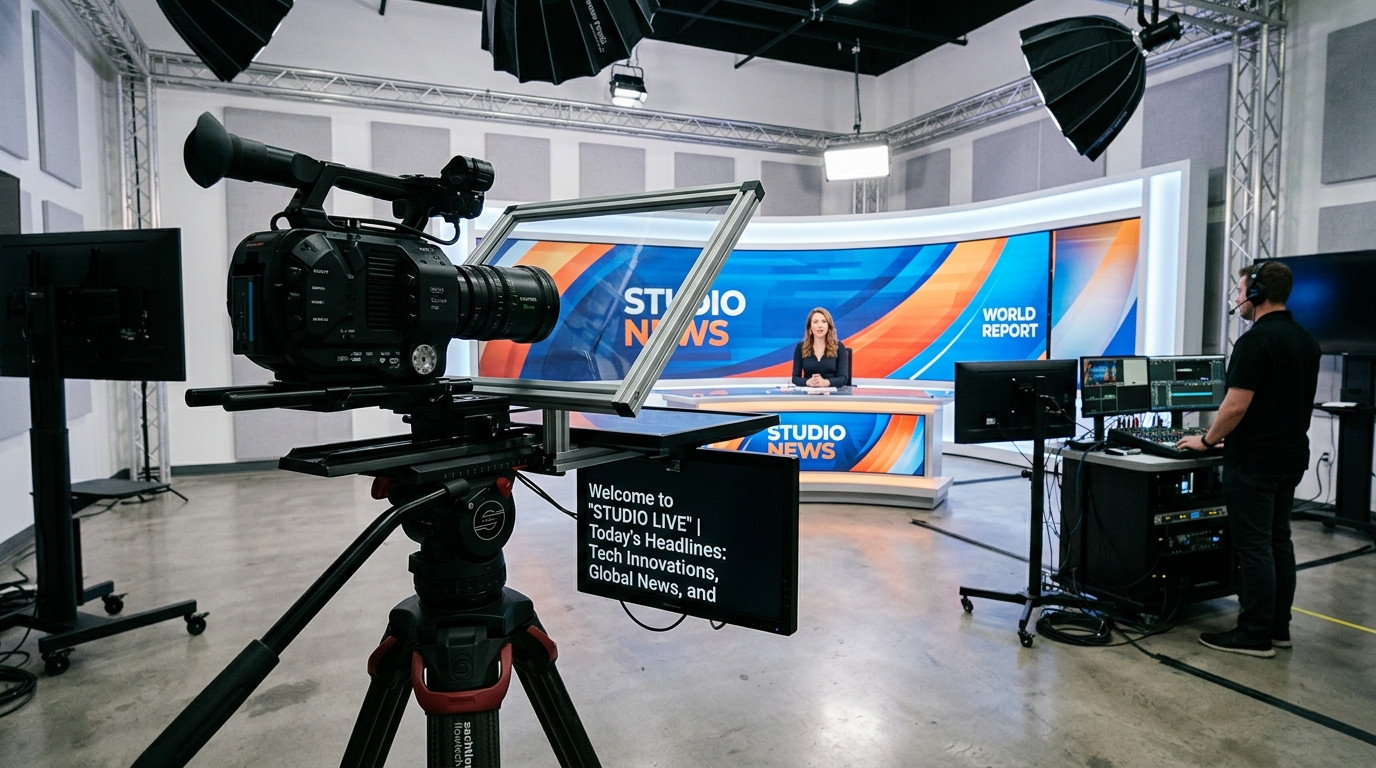 A video camera mounted behind a clean 45-degree beam-splitter teleprompter glass rig in a modern studio setup with soft key lighting