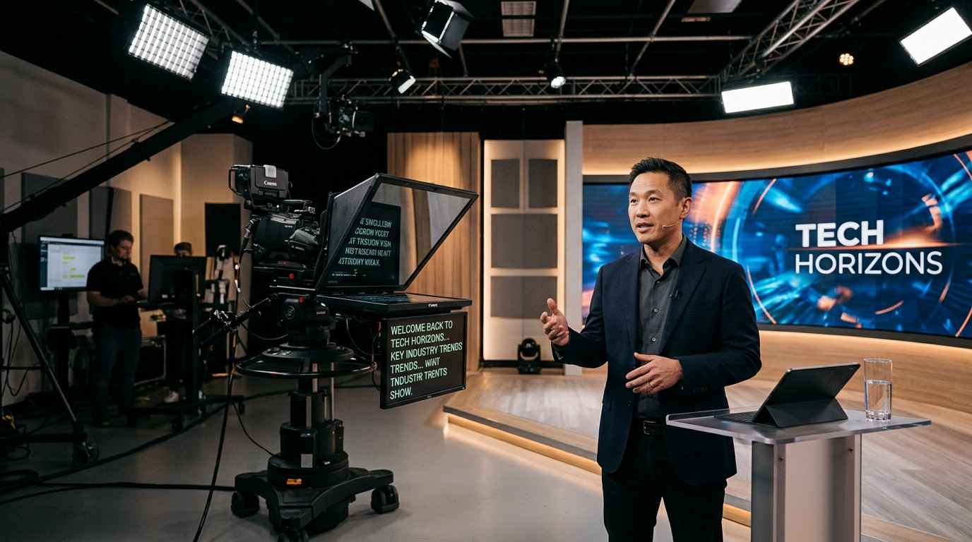 Presenter speaking naturally to a camera equipped with a beam-splitter teleprompter in a modern studio setup