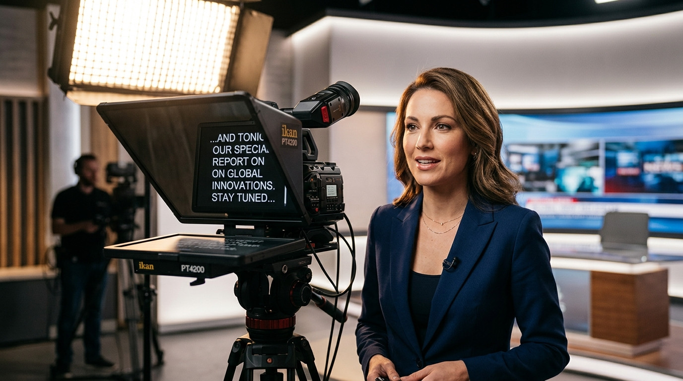 Close-up of a studio presenter speaking to a camera-mounted teleprompter rig with soft cinematic key lighting.