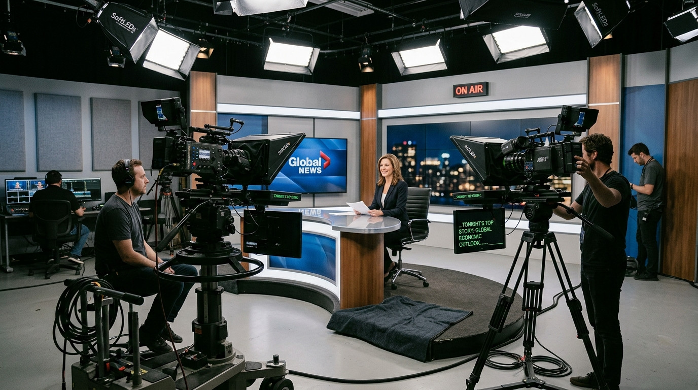 Multi camera studio setup showing two cinema cameras with beam-splitter teleprompter glass rigs facing a presenter chair under soft studio lighting