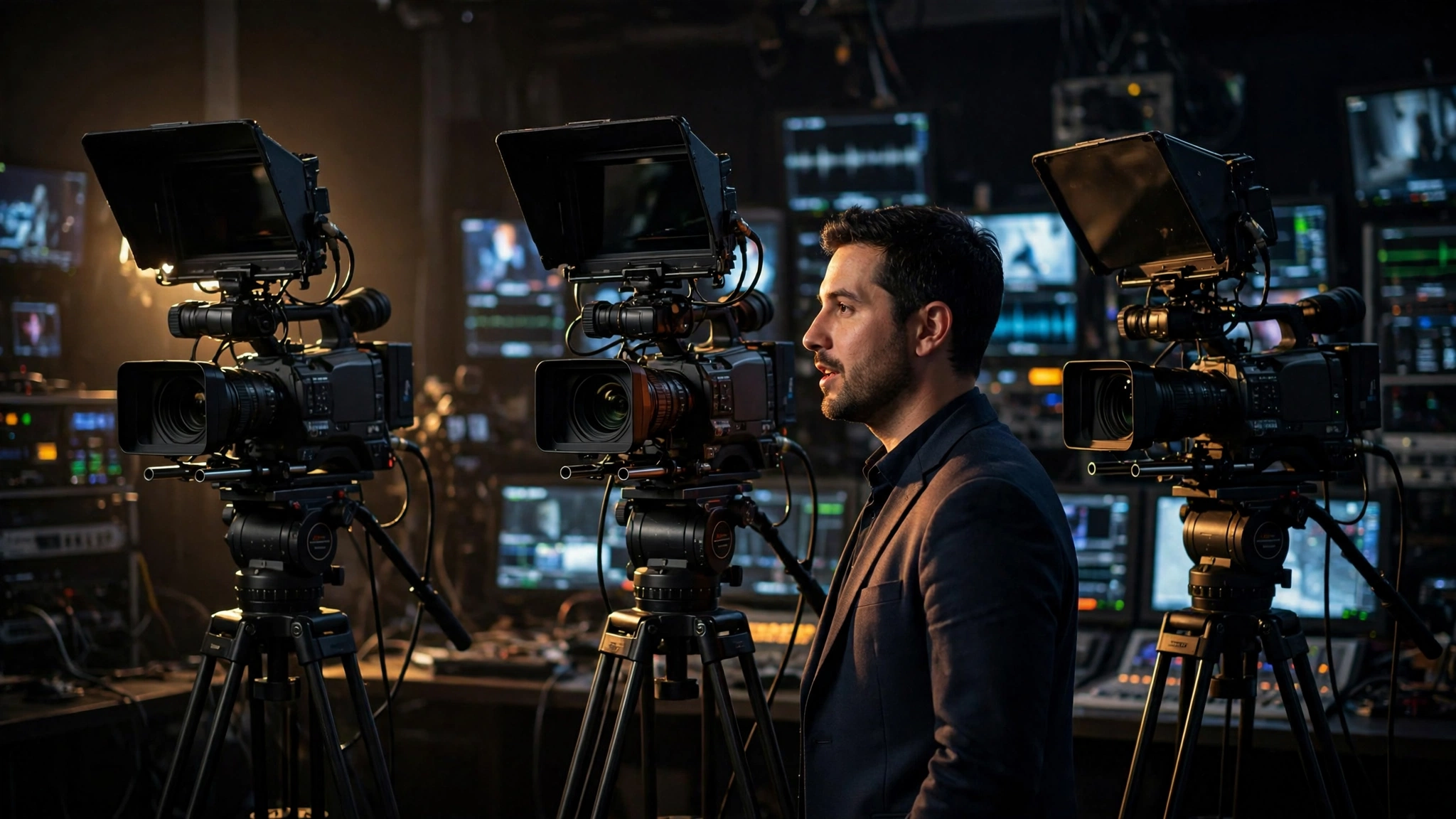 A professional video studio with three broadcast cameras fitted with teleprompter rigs while a presenter speaks to the main camera.