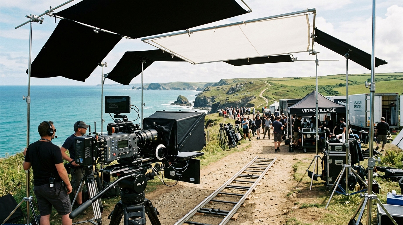 A cinema camera mounted behind a professional 45-degree teleprompter glass rig on an outdoor location set with daylight flags overhead