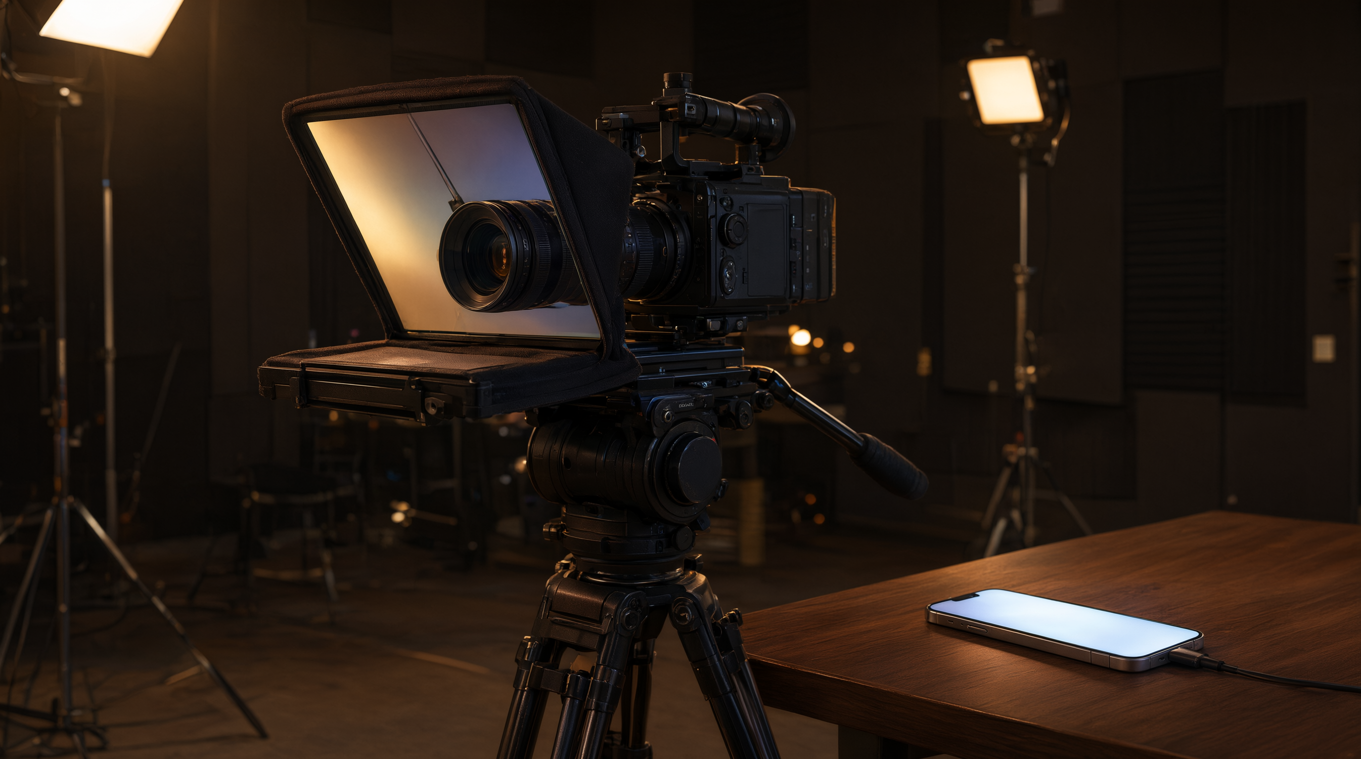 A professional studio camera with beam-splitter teleprompter glass beside a smartphone on a desk glowing as a remote control.