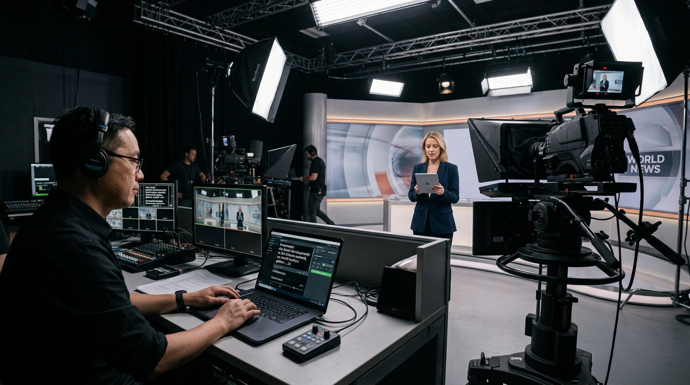 Director using a laptop to remote‑control a teleprompter while a presenter reads from a tablet behind beam‑splitter glass, with studio lights softly illuminating the set