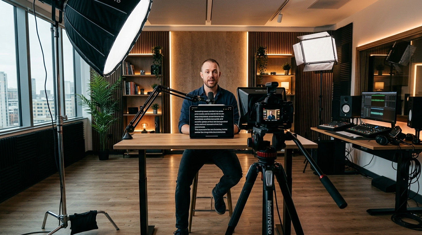 Solo video creator filming talking head video in a modern studio with an iPad beam-splitter teleprompter mounted on camera tripod