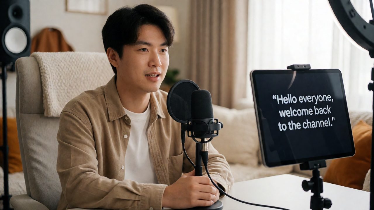 A YouTuber recording in a home studio with a teleprompter beside the camera