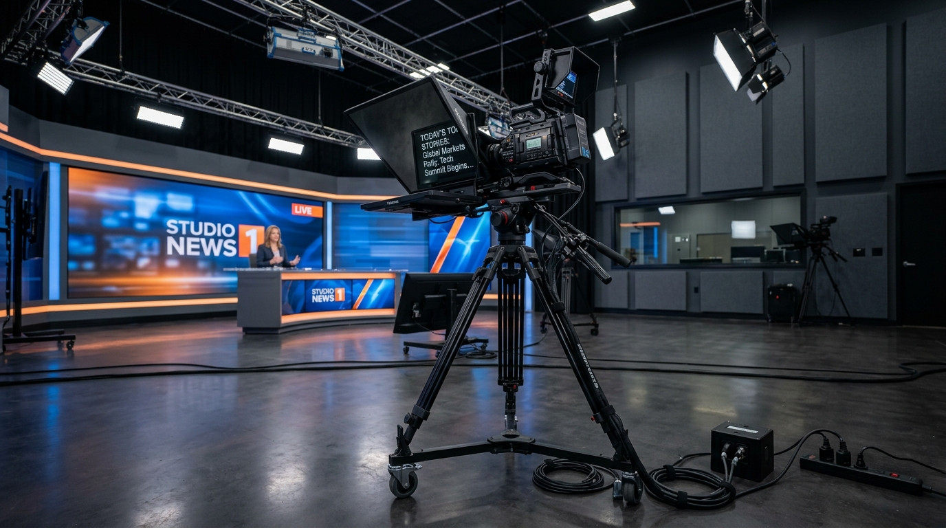 A clean studio camera rig with a beam-splitter teleprompter and neatly dressed power cables on a tripod in a modern production studio