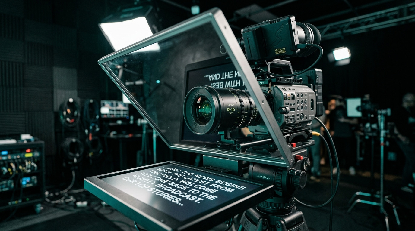 Close up cinematic shot of a camera lens mounted behind a 45 degree beam splitter teleprompter glass in a dark studio setting with soft teal lighting