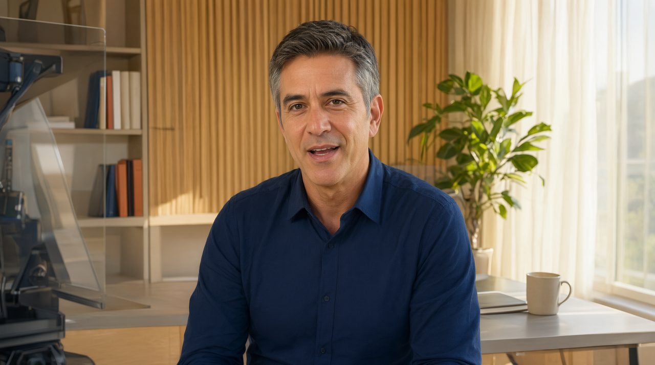 A smiling client speaking naturally to camera during a video testimonial, with a teleprompter visible at the edge of the frame in a bright home office.