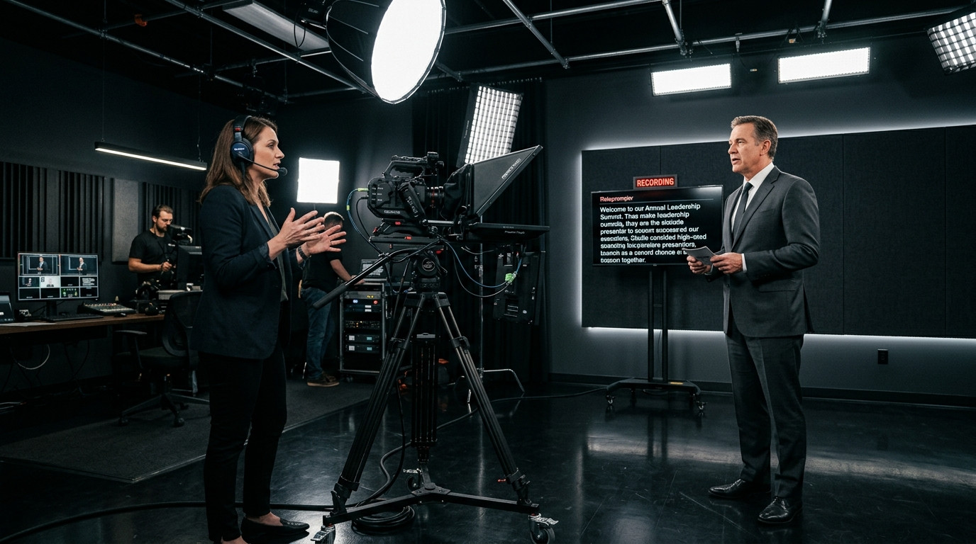 Video producer standing beside a beam-splitter teleprompter rig coaching an executive presenter in a modern dark studio setup