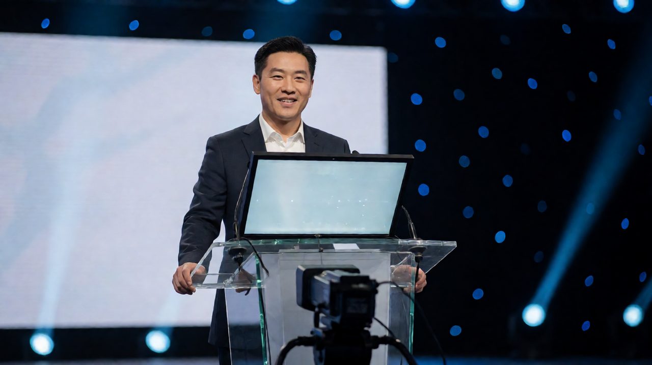 A corporate executive behind a glass podium with a teleprompter screen, addressing an all-hands town hall on stage.