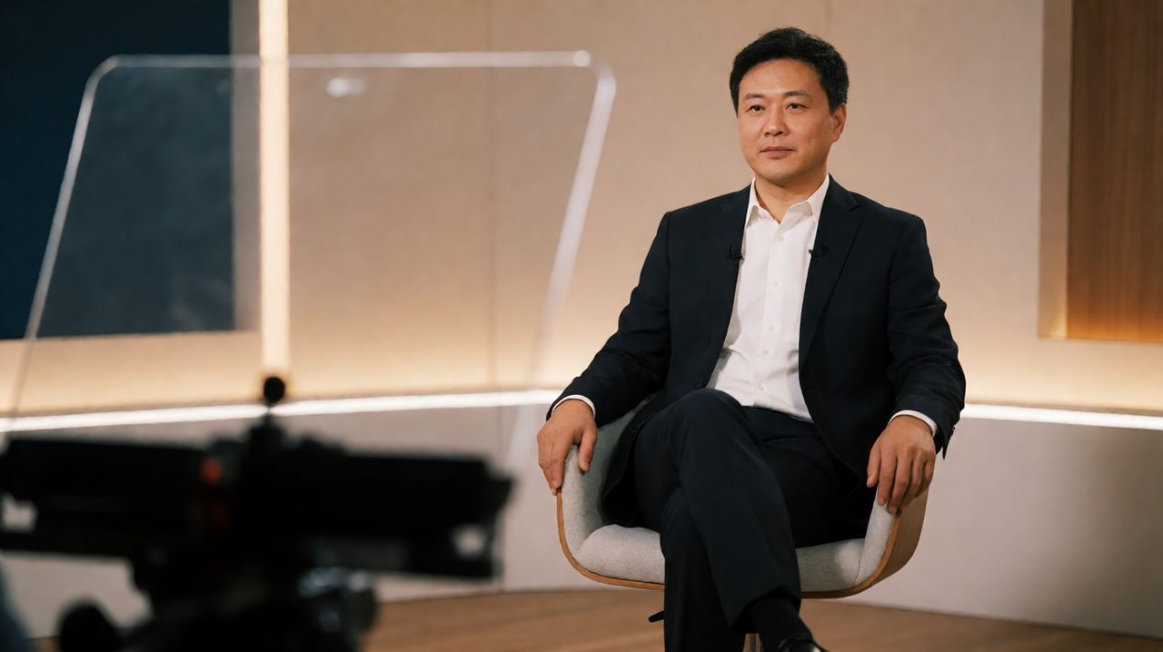 An executive seated in a modern studio for a corporate video interview, with a camera and beam-splitter teleprompter in the foreground.