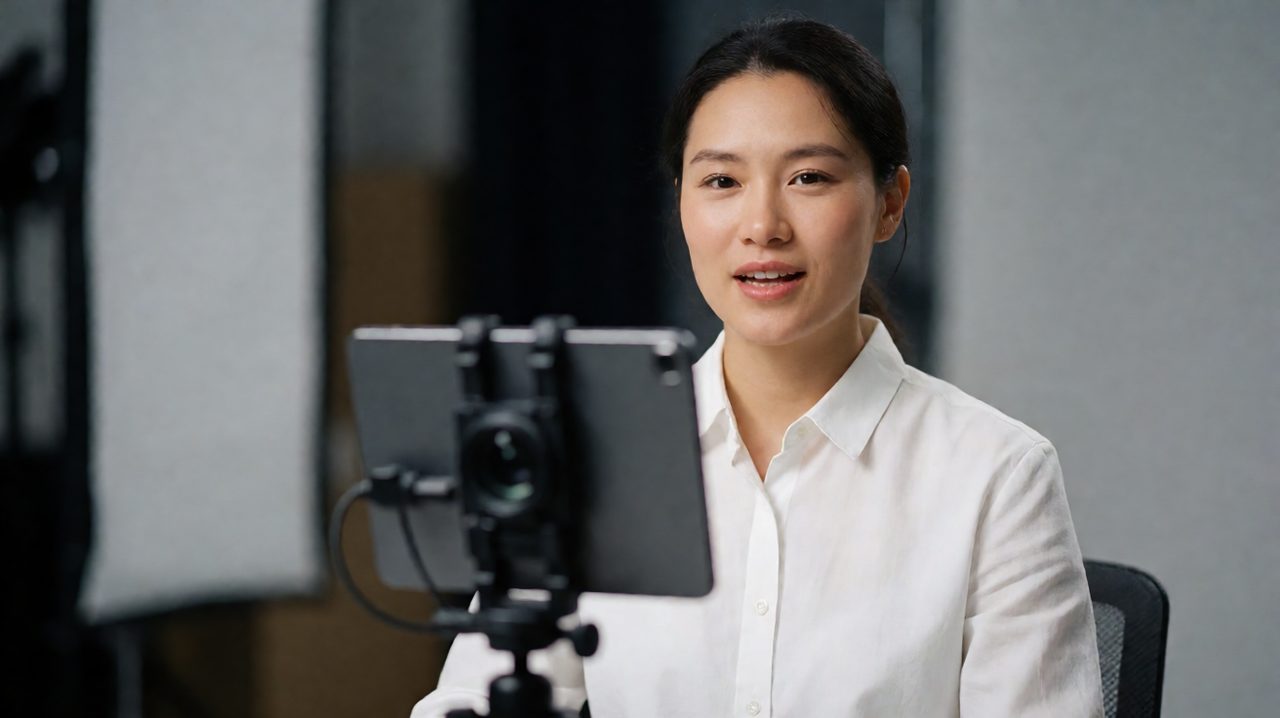 A tablet teleprompter mounted just below a camera lens on a tripod in a softly lit video studio, with a presenter speaking into the lens.