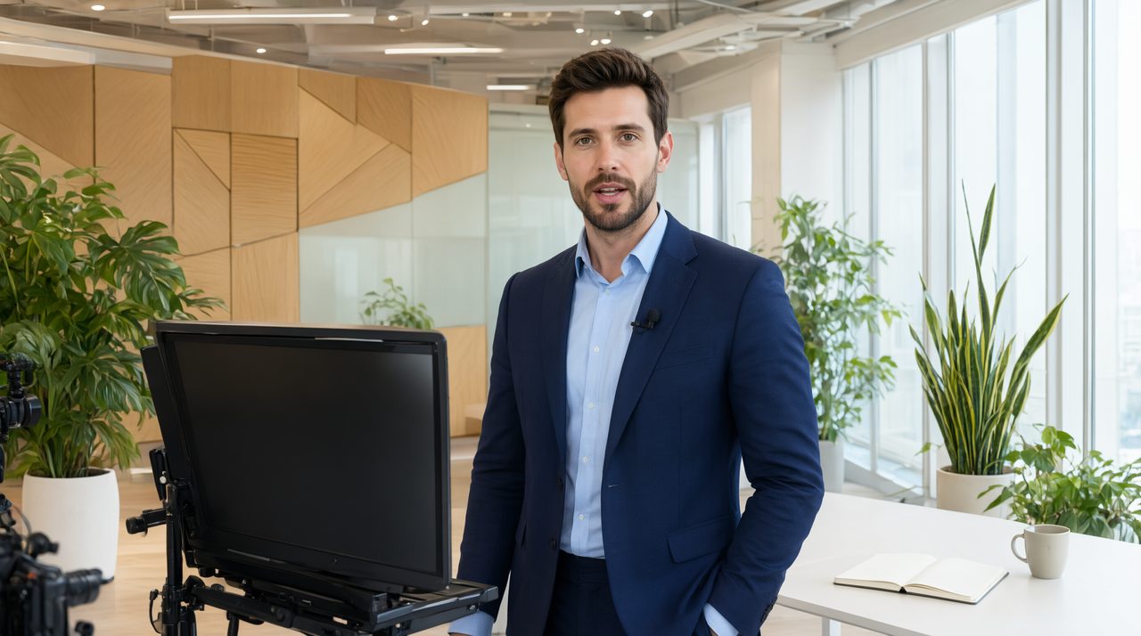 A corporate trainer stands beside a teleprompter in a bright modern office studio, ready to record a training video.