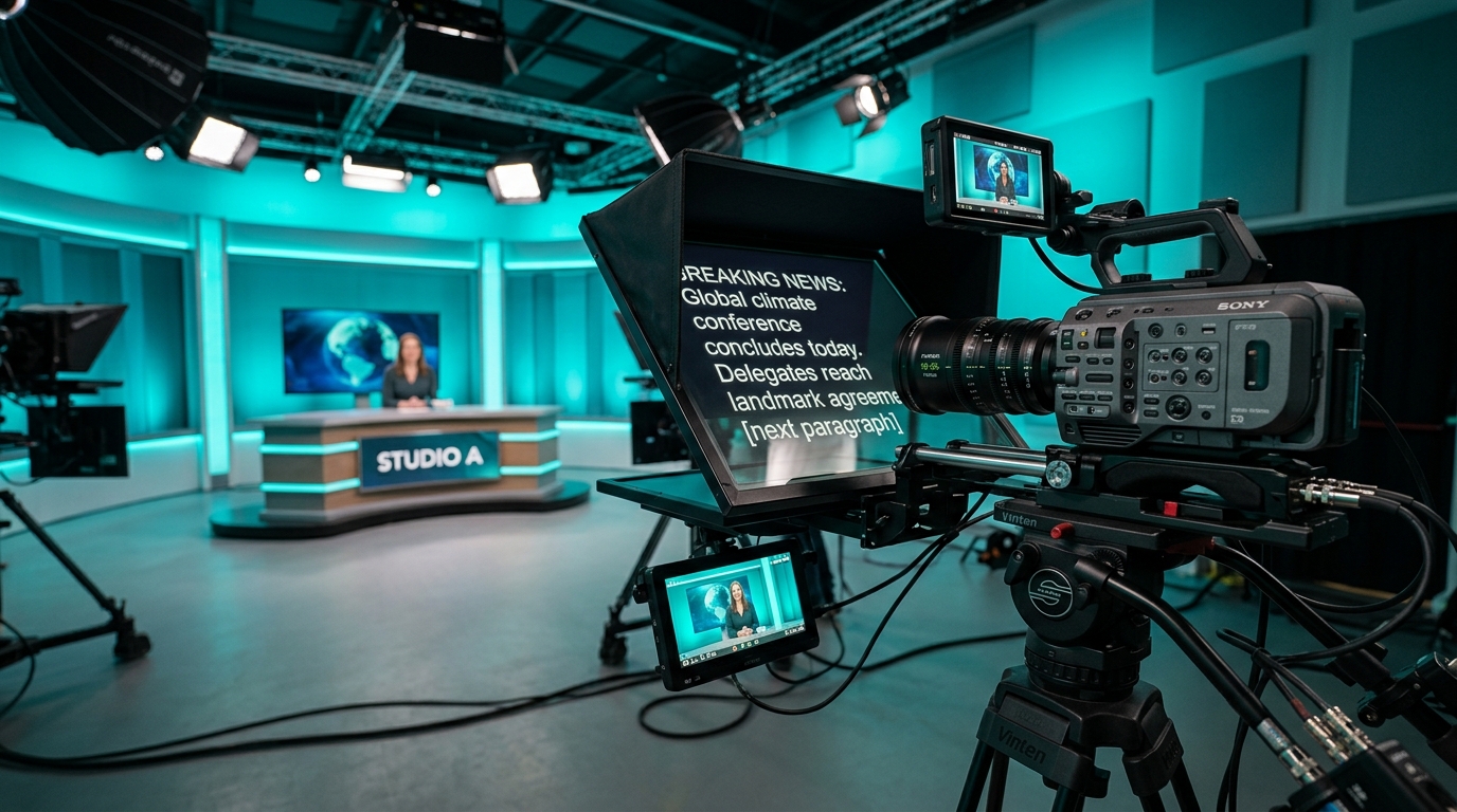 Close up camera lens positioned directly behind a 45-degree beam-splitter teleprompter glass in a modern studio setup with teal background lighting
