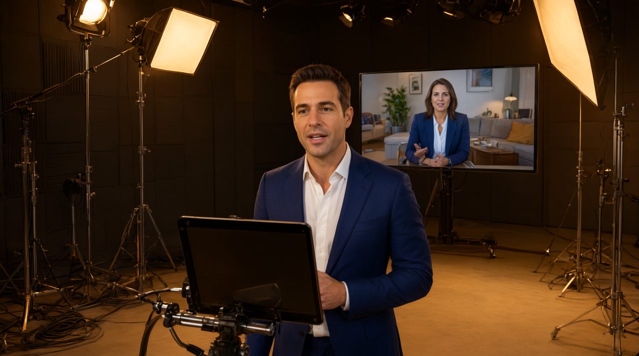 A presenter speaking to a camera in a studio while a remote presenter appears on a monitor behind him.