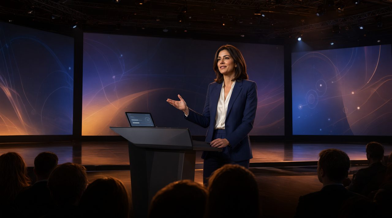 A keynote speaker on a conference stage glancing at a discreet teleprompter screen while addressing a live audience.