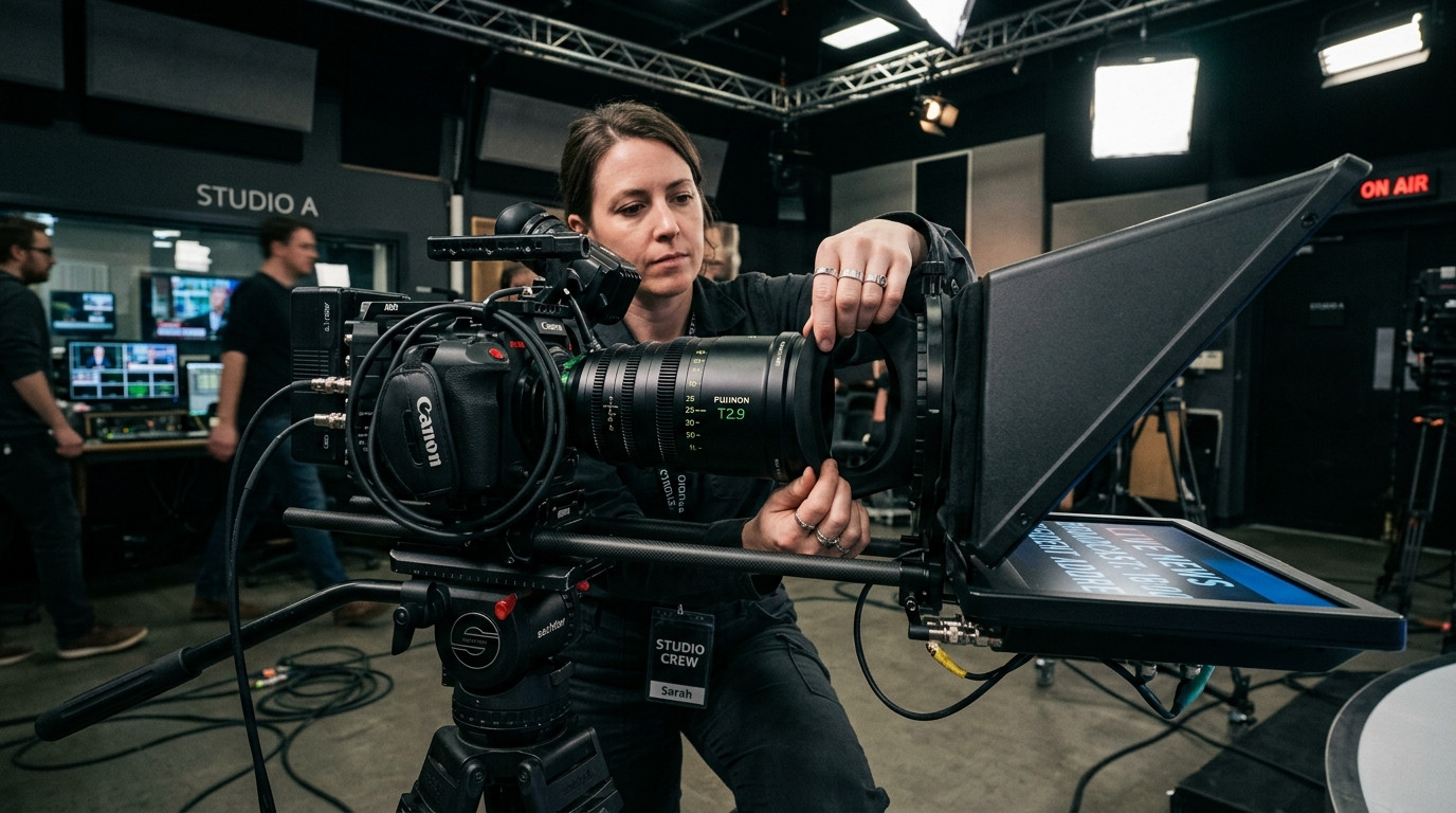 Camera operator installing a tight neoprene lens donut light seal between a cinema camera lens and a teleprompter beam-splitter hood on a studio rig