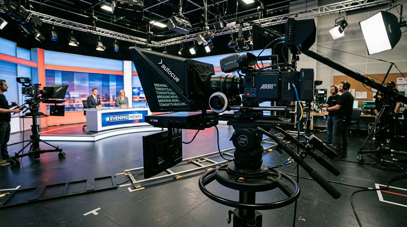 A professional cinema camera outfitted with a prime lens mounted behind an angled beam-splitter teleprompter glass hood on a studio pedestal tripod.