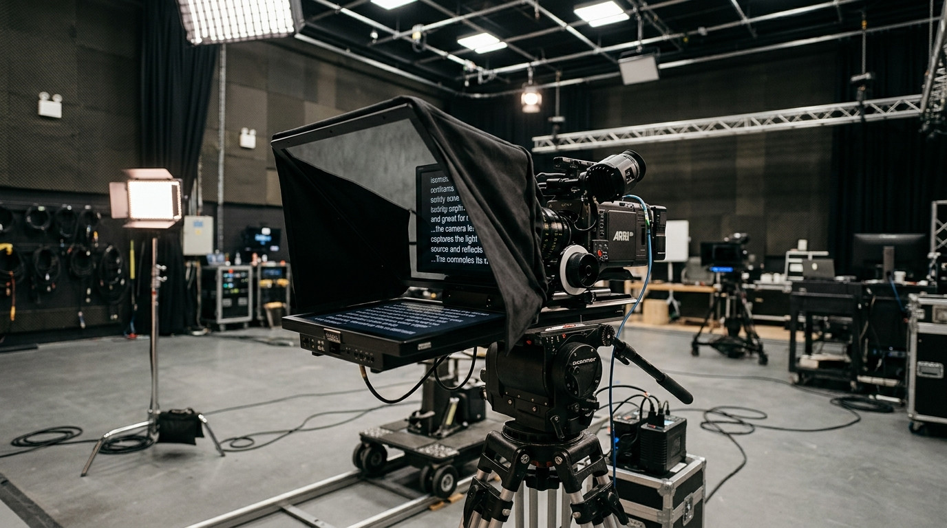 A cinema camera mounted behind a 45-degree beam-splitter teleprompter with a black fabric shroud in a softly lit video production studio