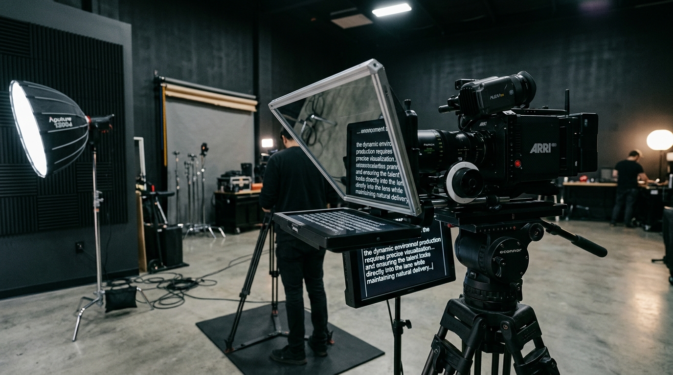 A cinema camera mounted behind a clean 45-degree beam-splitter teleprompter glass rig inside a softly lit video production studio