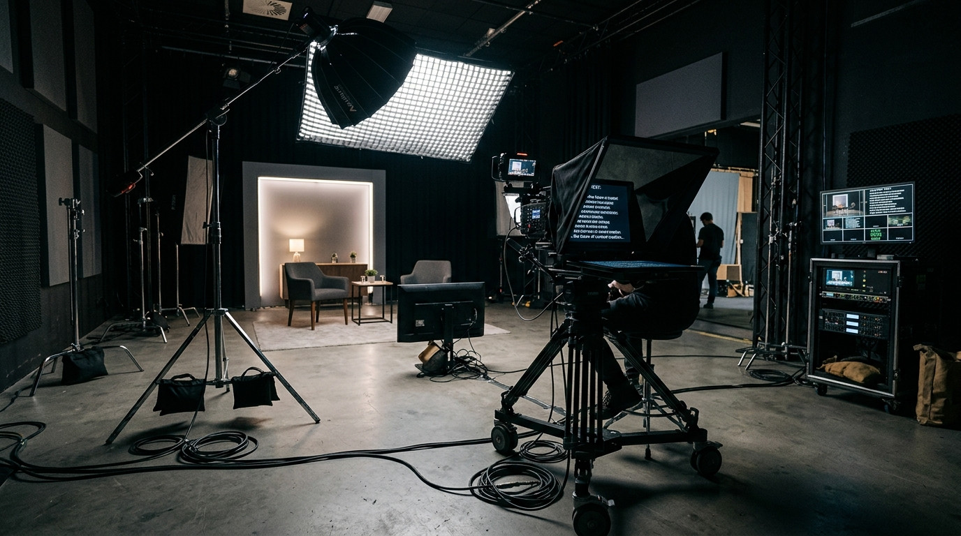 Professional studio camera rig equipped with a beam splitter teleprompter glass hood and large softbox key light positioned at a 45-degree angle in a dark production studio