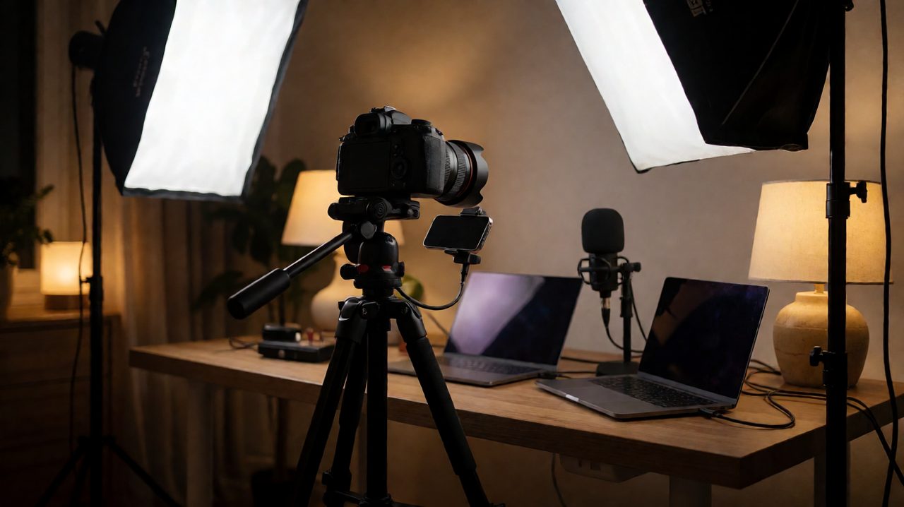 A live streamer at a home studio desk with a camera, softbox light, and a phone mounted under the lens showing a scrolling teleprompter script.