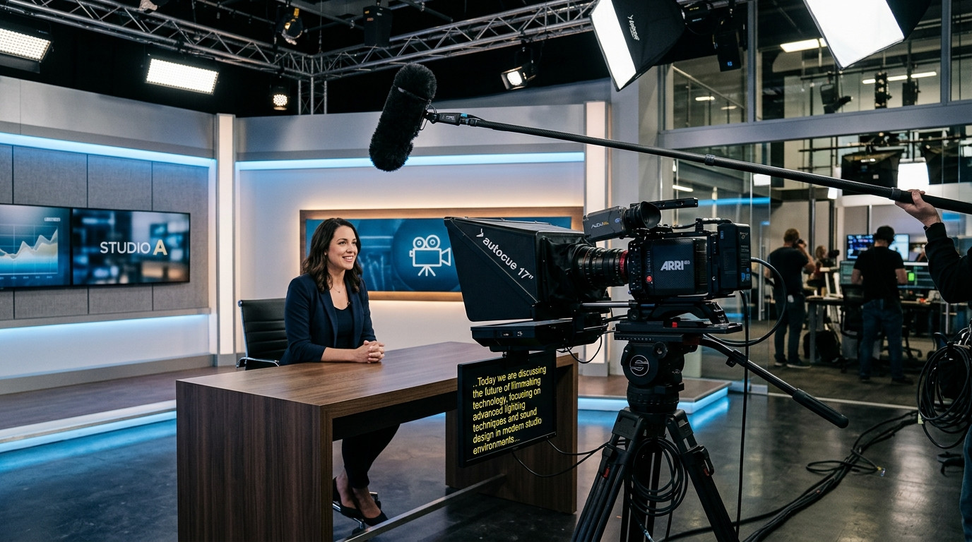 A cinema camera mounted behind a beam-splitter teleprompter with an overhead boom microphone angled cleanly above the talent in a modern studio