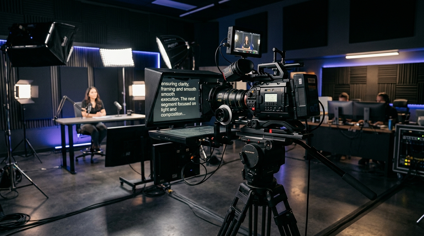 A cinema camera mounted behind a sleek beam splitter teleprompter rig in a modern video studio with soft key lighting and a dark background