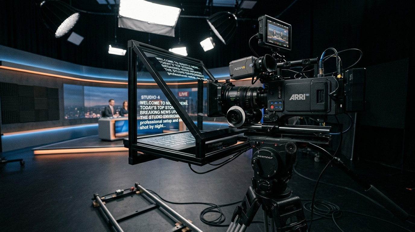 A professional cinema camera mounted behind a clean 45-degree beam-splitter teleprompter glass rig in a modern dark studio setup with soft cinematic key lighting.