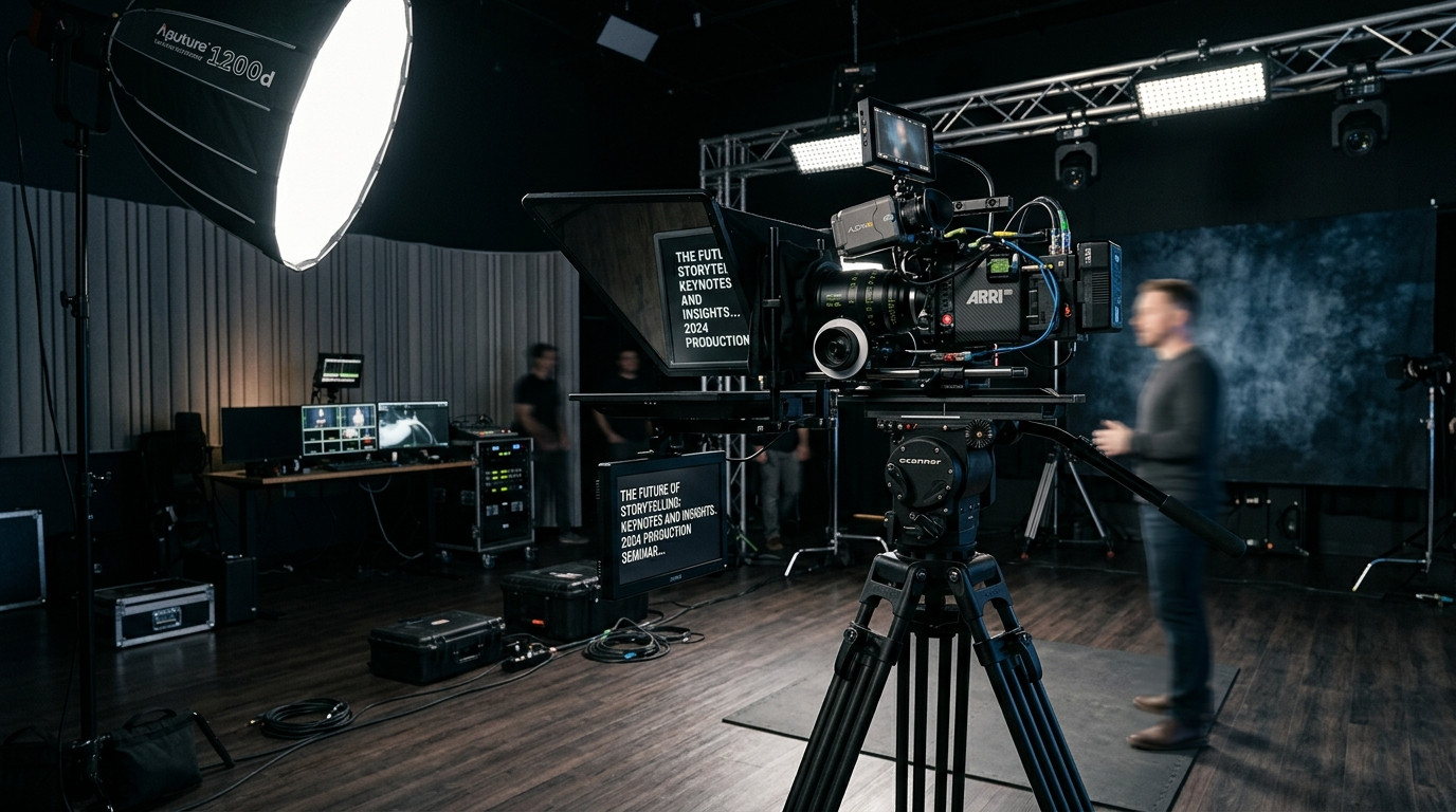 A cinema camera mounted behind a clean 45-degree beam-splitter teleprompter rig on a studio tripod with soft key lighting and professional production gear in a modern dark studio setting