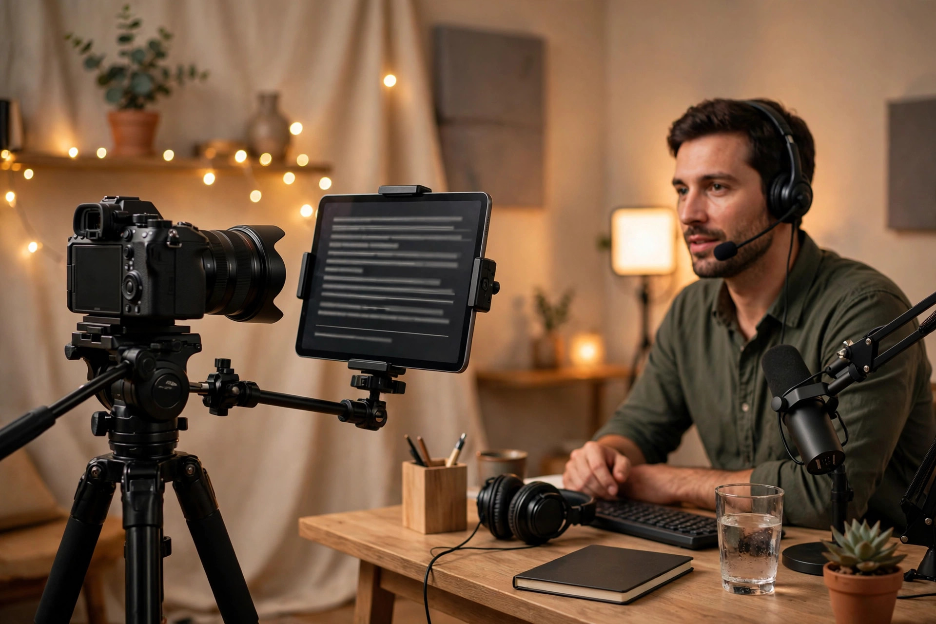 A home studio setup with a camera on tripod filming a course creator at a desk, a tablet beside the lens displaying a teleprompter script.