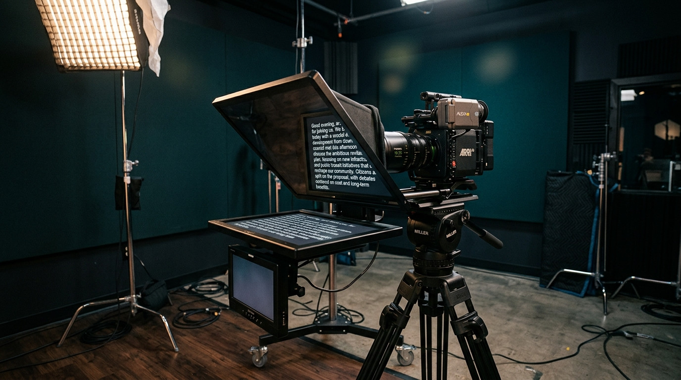 A cinema camera mounted behind a 45-degree beam-splitter teleprompter glass hood in a studio, displaying clean formatted text with soft warm key lighting and dark teal backdrop