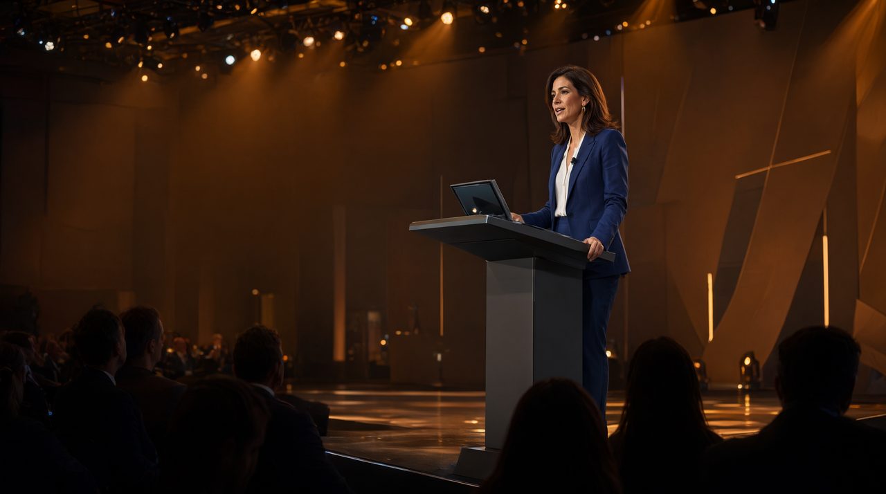 A conference moderator standing at a lectern on a warmly lit stage in front of an audience.