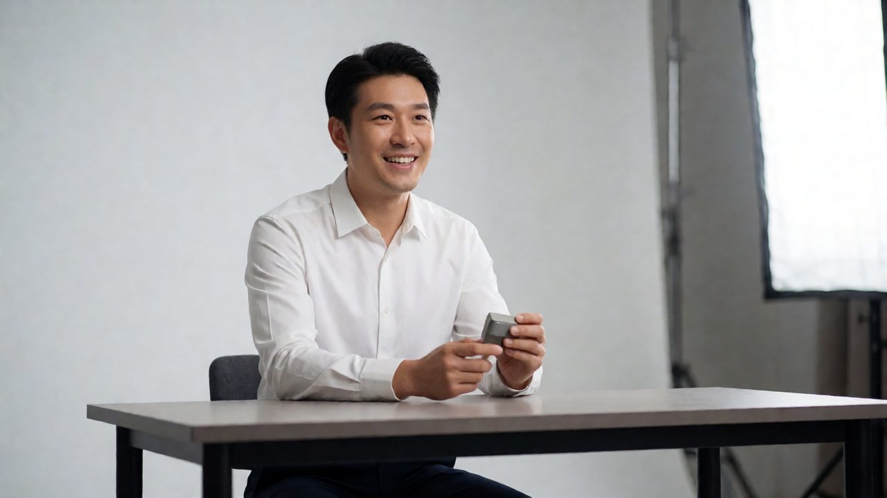 A presenter demonstrating a small product at a table in a video studio while reading from a teleprompter.
