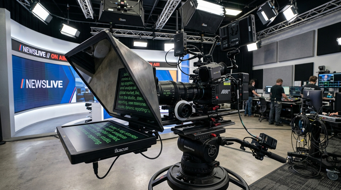 Camera rig with quick release baseplate mounted on 15mm rods behind teleprompter glass in a modern studio