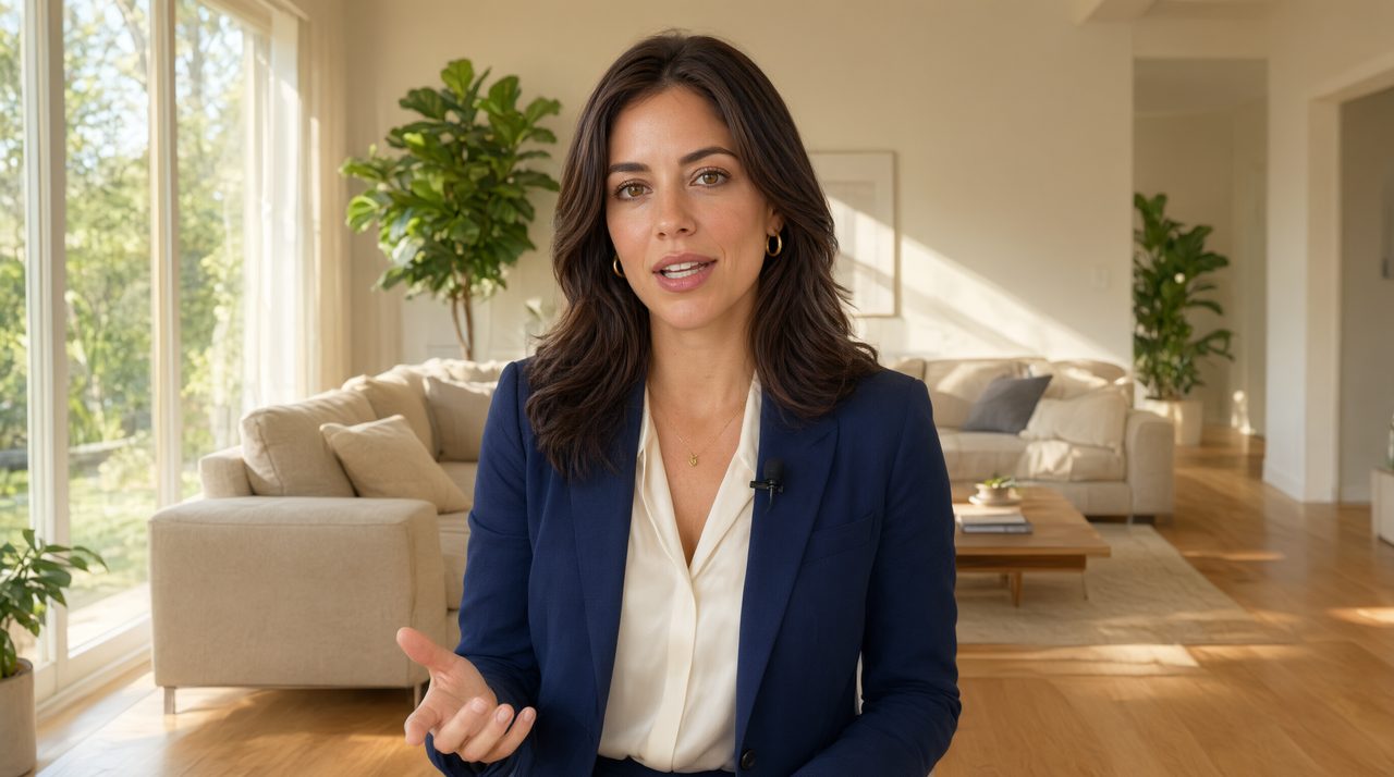 A real estate agent speaking confidently to a tripod-mounted camera in a bright modern home.