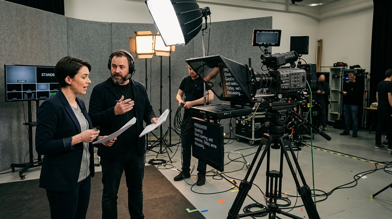 A director and video presenter conducting a pre-shoot rehearsal in front of a studio camera beam-splitter teleprompter rig under soft studio lighting