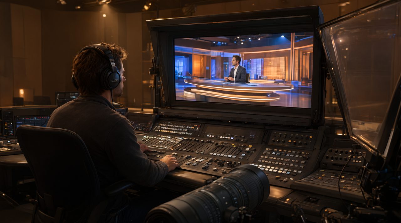 A studio operator at a control desk watching a presenter on a monitor during a remote teleprompter session.