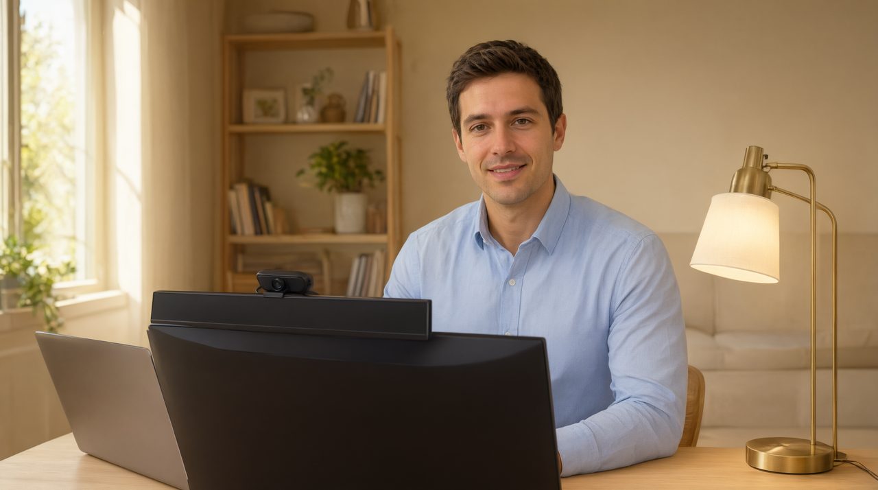 A salesperson at a home office desk delivering a video sales call with a teleprompter script strip positioned just under the webcam.