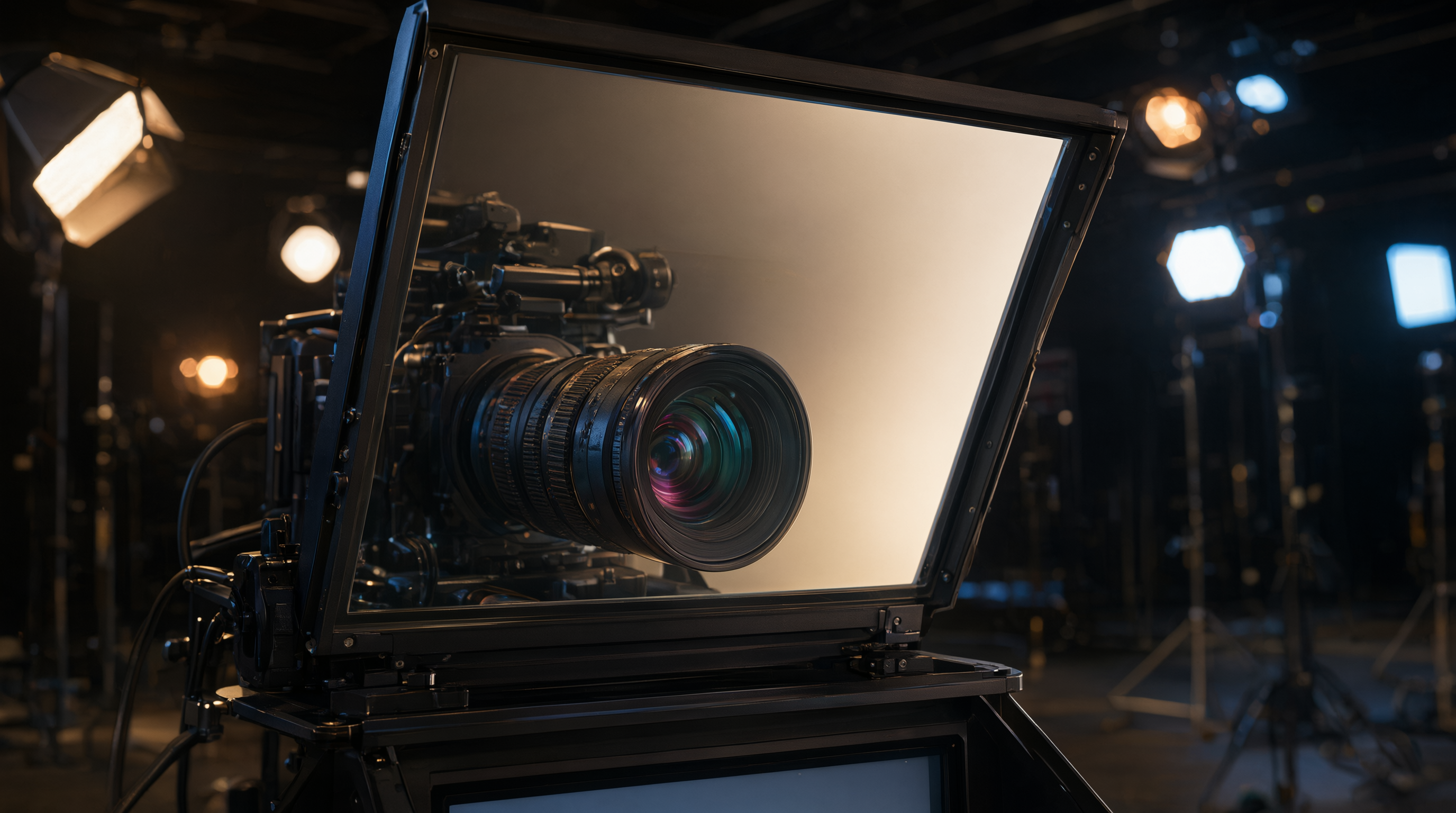 A professional teleprompter rig with beam-splitter glass mounted on a cinema camera in a studio.