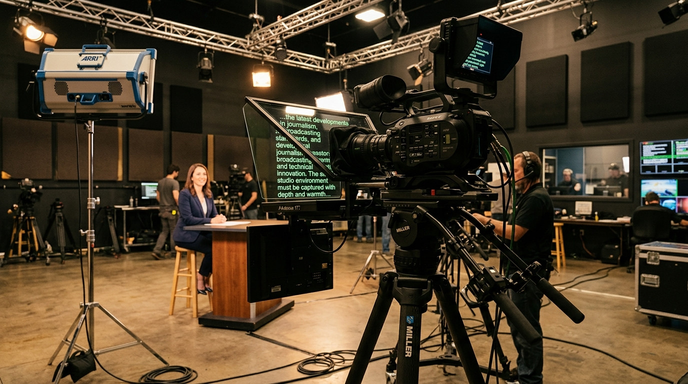 Camera mounted beam-splitter teleprompter rig in a professional studio setup with warm directional key light