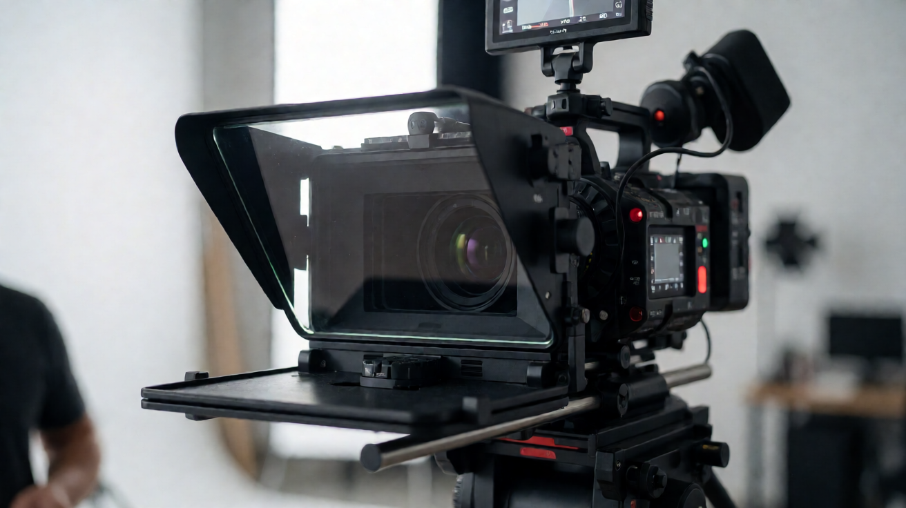 Teleprompter glass mounted on a cinema camera in a professional video studio.