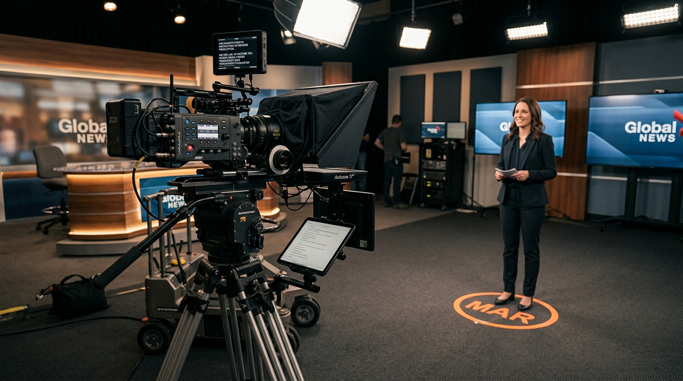 A professional cinema camera on a studio tripod equipped with a 45-degree beam-splitter teleprompter hood and an iPad mount, positioned in front of a standing presenter mark under soft cinematic lighting.