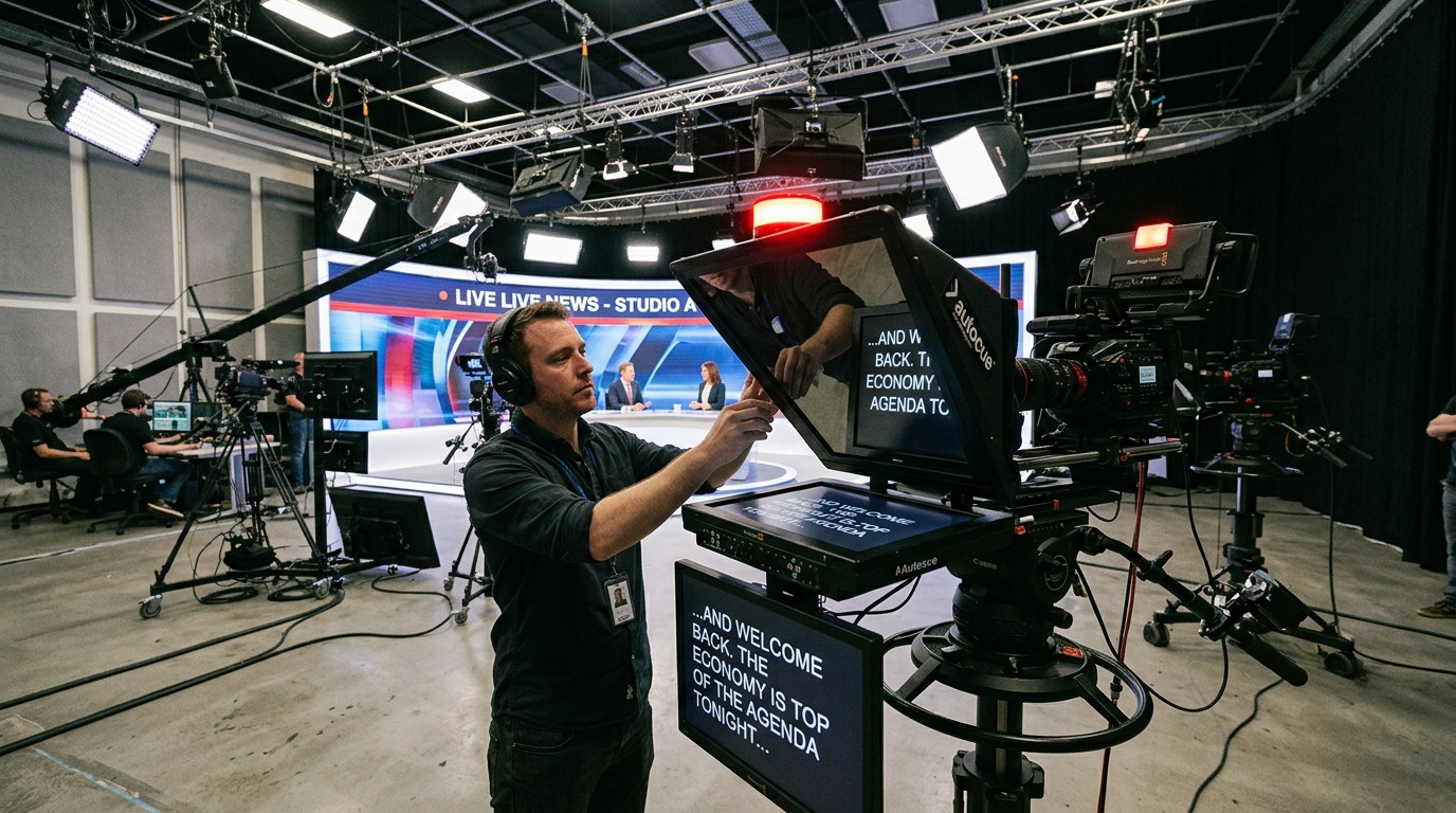 Camera operator adjusting a teleprompter beam-splitter glass rig with a glowing studio tally light indicator mounted on the hood